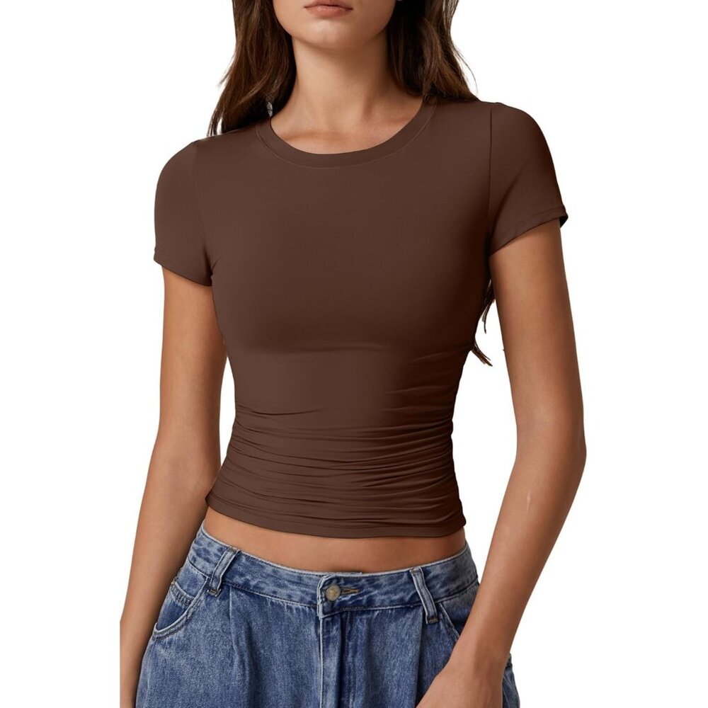 Women's Crop Tops Brown Short Sleeve Classic Y2K Round Neck Side Ruched Pleated